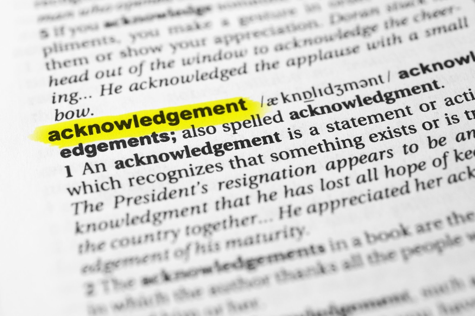 The word "Acknowledgement" in a dictionary highlighted